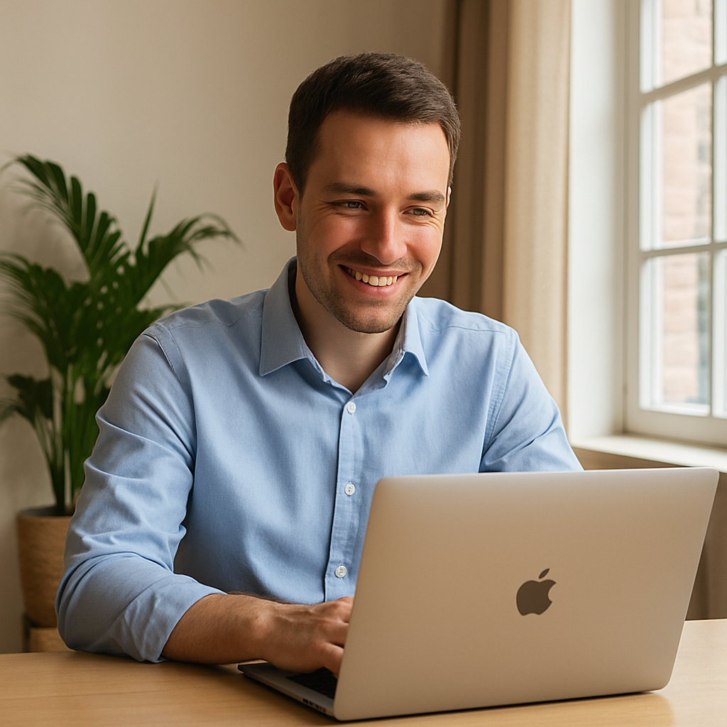 man blij achter laptop